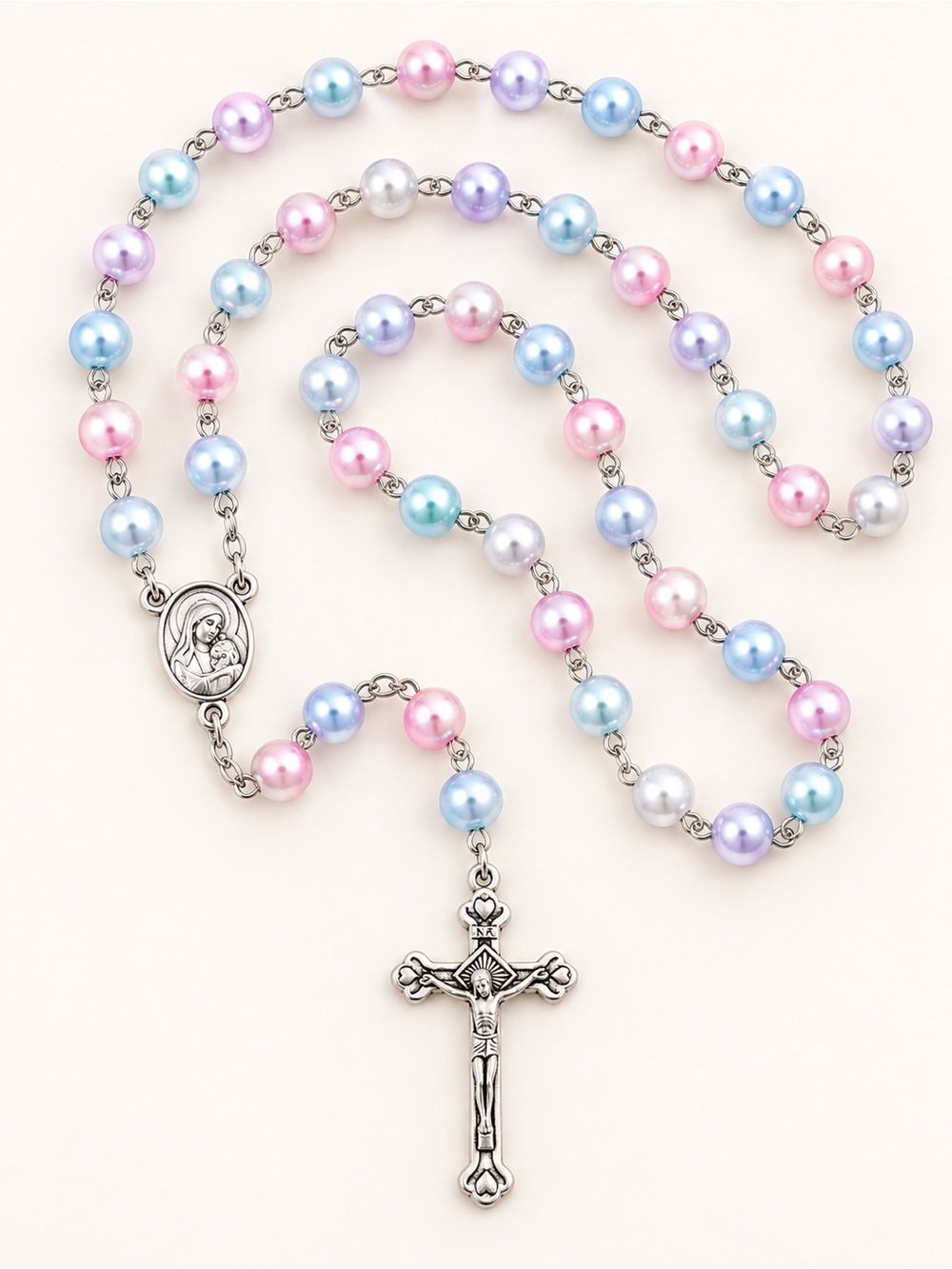 Pastel Multicolor 8mm Bead Catholic Holy Rosary Silver Tone Crucifix
